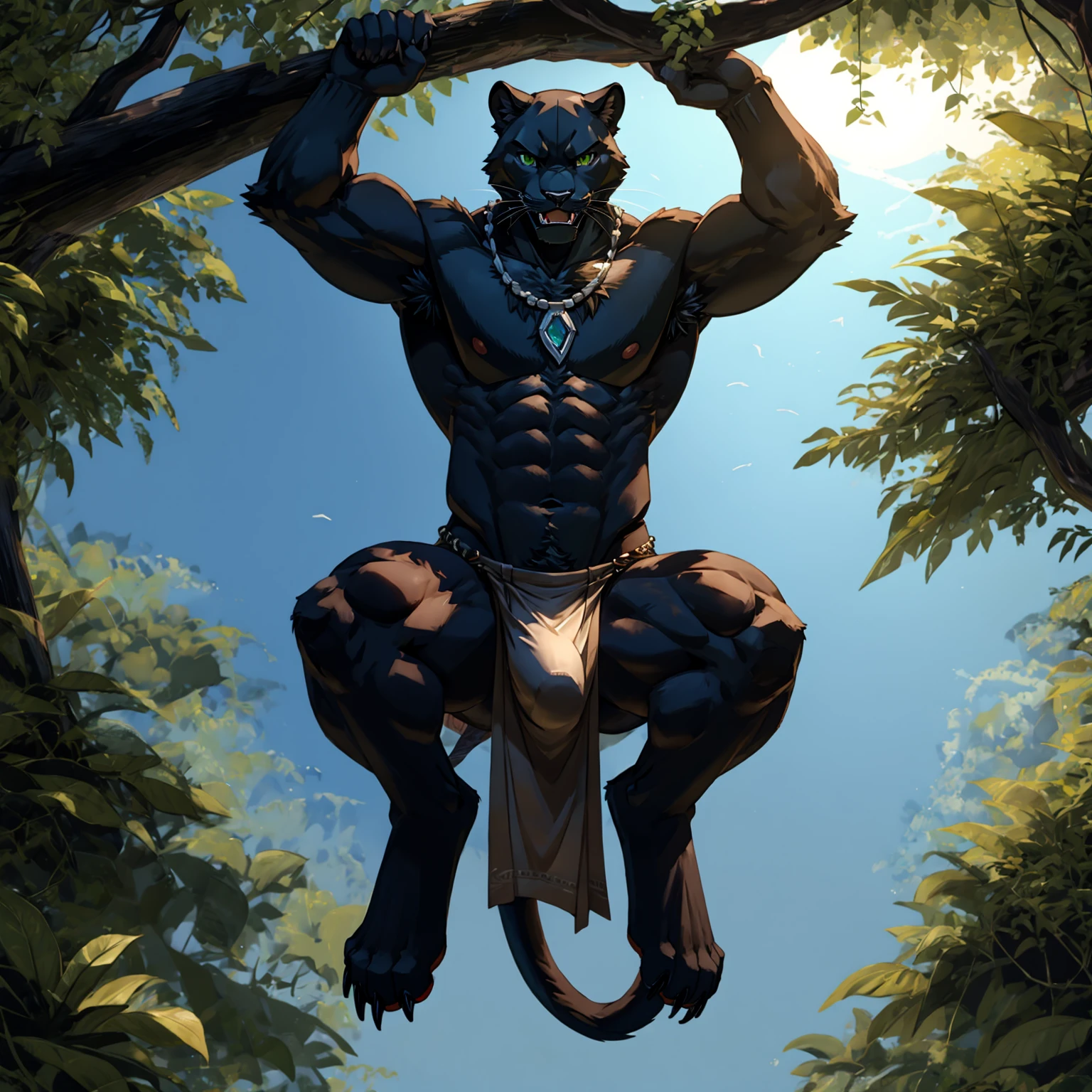 animal、異常に痩せたBlack panther full body、Wild male black panther、A body with very little muscle、Black panther full body、black body hair all over、Angry black panther expression、Very thin body、Hairless head、Big green anime eyes、Very long black pubic hair、Lots of chest hair、Very long armpit hair、A very large amount of drool coming out of the mouth、Sharp Fangs、Black Panther Tail、jungle background、A situation on a tree branch、A huge bulge in the crotch loincloth、White loincloth between the legs、Black Panther Claws、Sharp Claws、A composition that captures the whole body、Tree-hanging pose、Pose floating in the air、Ethnic simple necklace