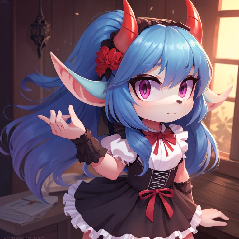 Oni mobian, blue hair, long hair, toned, gothic ****ta, magenta eyes, red horns, pointed ears