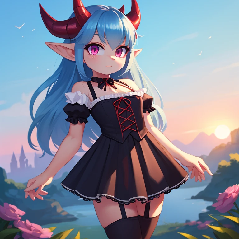 Oni mobian, blue hair, long hair, toned, gothic Lolita, magenta eyes, red horns, pointed ears