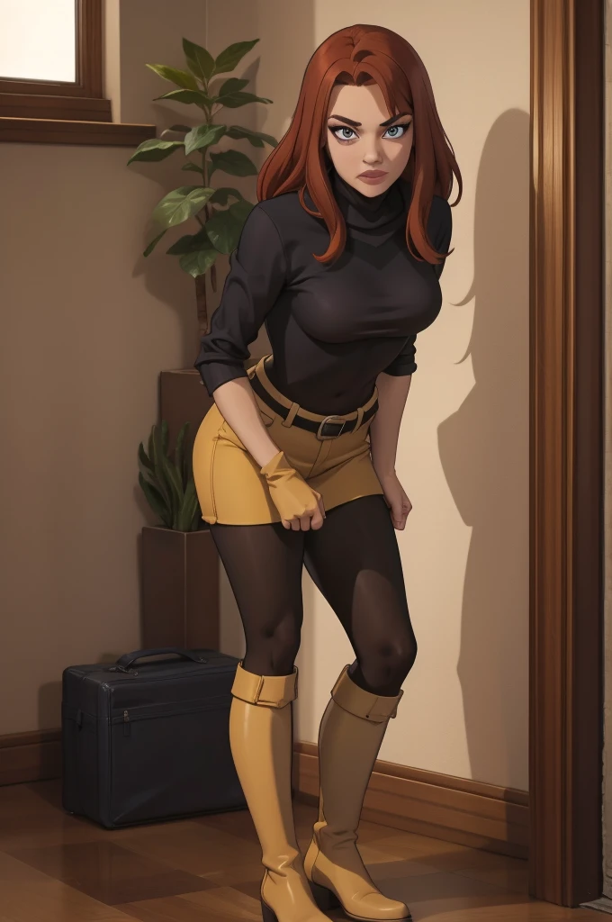 1Girl 18 years old, nur, Lange Haare, midsize , Blick auf den Betrachter, red hair, nackte Schultern, braune Augen, Schmuck, full entire body, Halskette, schulterfrei, pullover, lips, realistisch, Nase, Flirting with the camera, yellow boots, boots, wearing boots