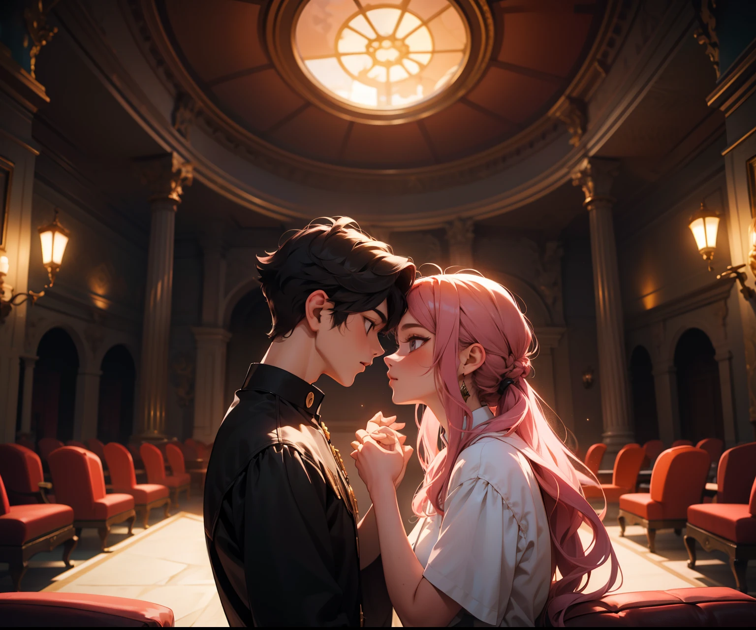 obra maestra,of the highest quality,high resolution, a girl with long pink hair and a boy with long dark black hair looking at each other while gossiping in a room, with comfortable armchairs, el fondo es una sala de estar con bonitas ventanas donde se ve una hermosa luna, dynamic pose