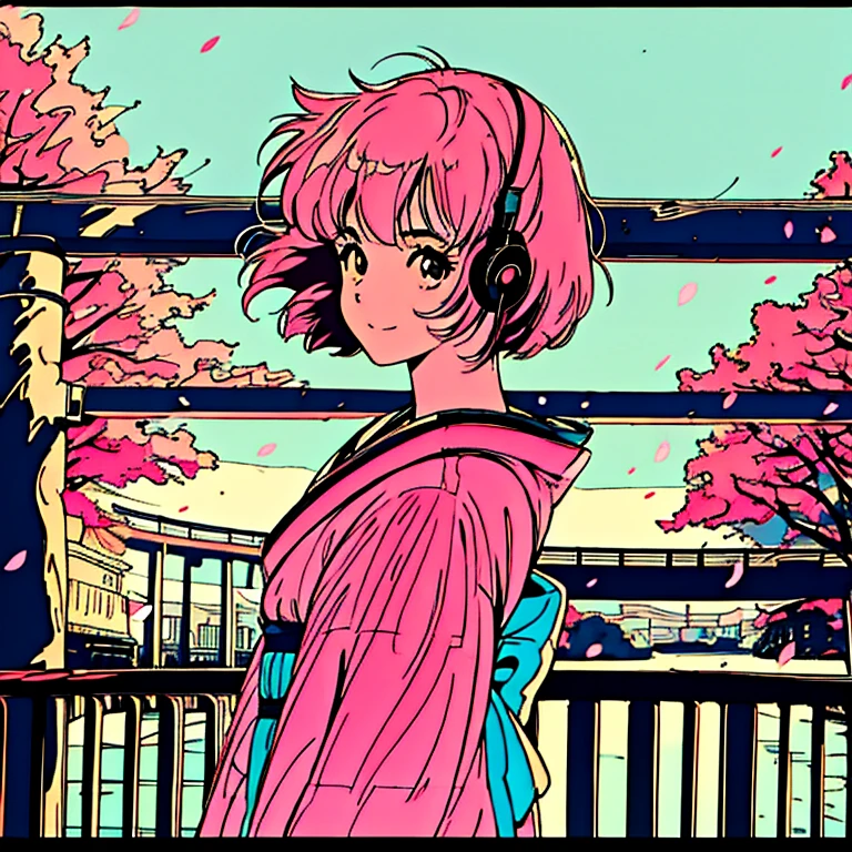 master piece, City Pop style, Pink Hair, fluffy bob cut, wearing headphones, shoulder length, alone, Futuristic, yet, lofi, retro, vintage, Ghost, light smile, cherry blossoms, ((kimono)), torii, Kyoto, looking away