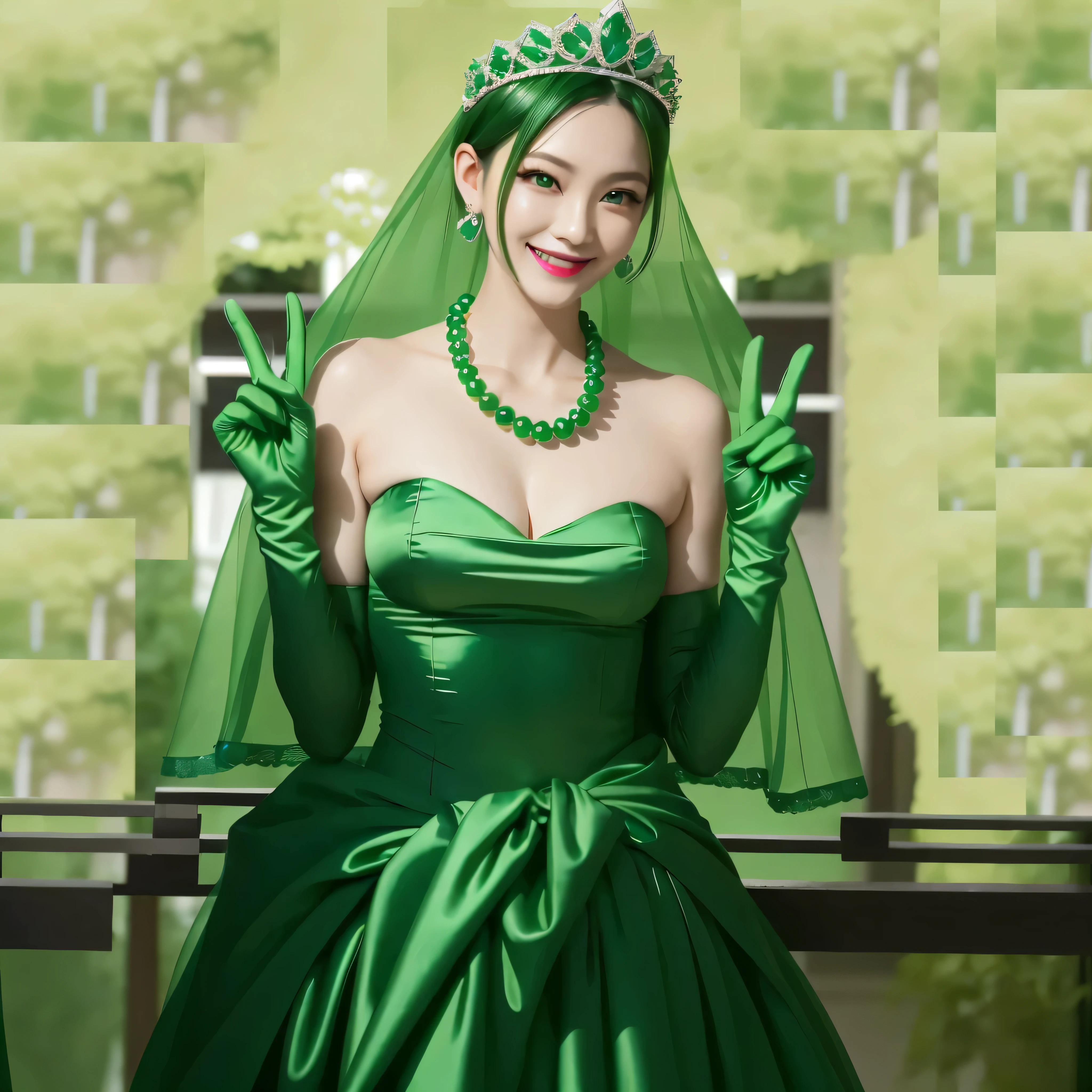 Emerald tiara, Green Pearl Necklace, Boyish Very Short Green Hair, Green Lips, Smiling Japanese woman, Very short hair, Busty beautiful lady, Green Eyes, Green satin gloves, Green Eyes, emerald earrings, Green veil, Heart with both hands, Green Hair, Beautiful Japanese Women, Heart shaped hands:1.3, green lip gloss