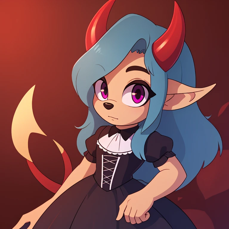 Oni mobian, blue hair, long hair, toned, gothic ta, magenta eyes, red horns, pointed ears