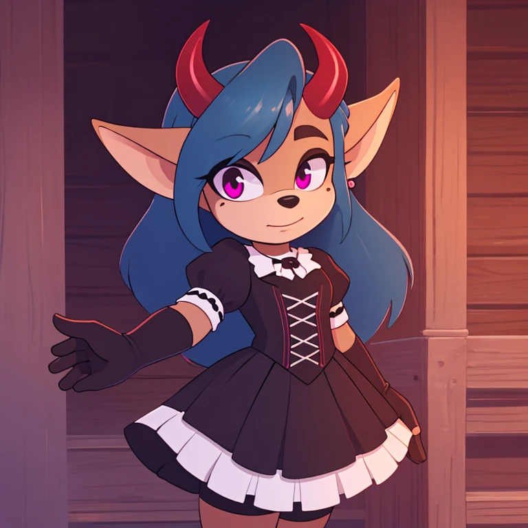 Oni mobian, blue hair, long hair, toned, gothic Lolita, magenta eyes, red horns, pointed ears