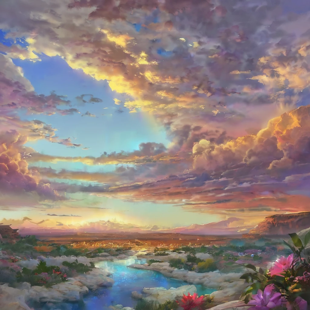 middle East,Israel,Colorful,Dreamy landscape, cloud, light piercing through the cloud, Reflection on the surface of the water, Gentle waterfall,flower々,Quiet atmosphere, Richness in details, Surreal beauty, Magical Aura, Fantasy Landscape, High quality digital art, Vibrant colors, Fantastic lighting, Enchanting atmosphere, artistic expression, Otherworldly feeling, Beautiful brushwork, Surrealism, Photorealistic elements, Magnificent View, Peaceful tranquility, Immersive Experience, Breathtaking views, Picturesque views, Mysterious charm, Mysterious atmosphere, Nuances, A magical dream.
