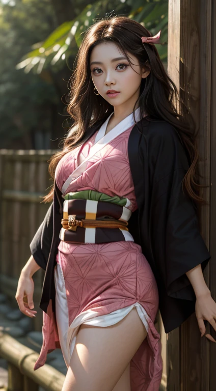 Masterpiece, Best Quality, High Resolution, Venus1, 1Girl, Solo, Tsuko Kamato, Bamboo, ((Gag)), Hair (brown), Plaid Belt, Gag, Gag, Gradient Hair, Hair Ribbon, Haori, Japanese Clothing, ((Black Kimono:1.2)), Very Short Kimono, big , Long Hair, big breast, Looking at the Audience, Multicolored Hair, Pink Eyes, Very Short Pink Kimono, Black Outer, Pink Ribbon, Ribbon, Solo, (((Masterpiece)), Forehead, standing posing, bamboo background, Cute puffing cheeks, seducing, Eyes wide, slim waist, sexy posing, slim tight,