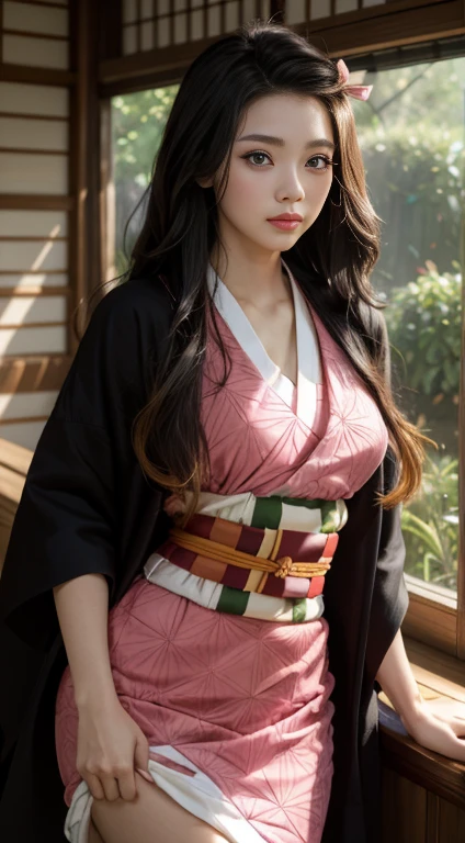 Masterpiece, Best Quality, High Resolution, Venus1, 1Girl, Solo, Tsuko Kamato, Bamboo, ((Gag)), Hair (brown), Plaid Belt, Gag, Gag, Gradient Hair, Hair Ribbon, Haori, Japanese Clothing, ((Black Kimono:1.2)), Very Short Kimono, big , Long Hair, big boob5, cleavag3, Looking at the Audience, Multicolored Hair, Pink Eyes, Very Short Pink Kimono, Black Outer, Pink Ribbon, Ribbon, Solo, (((Masterpiece)), Forehead, standing posing, bamboo background, Cute puffing cheeks, seducing, Eyes wide, slim waist, sexy posing, slim tight,0