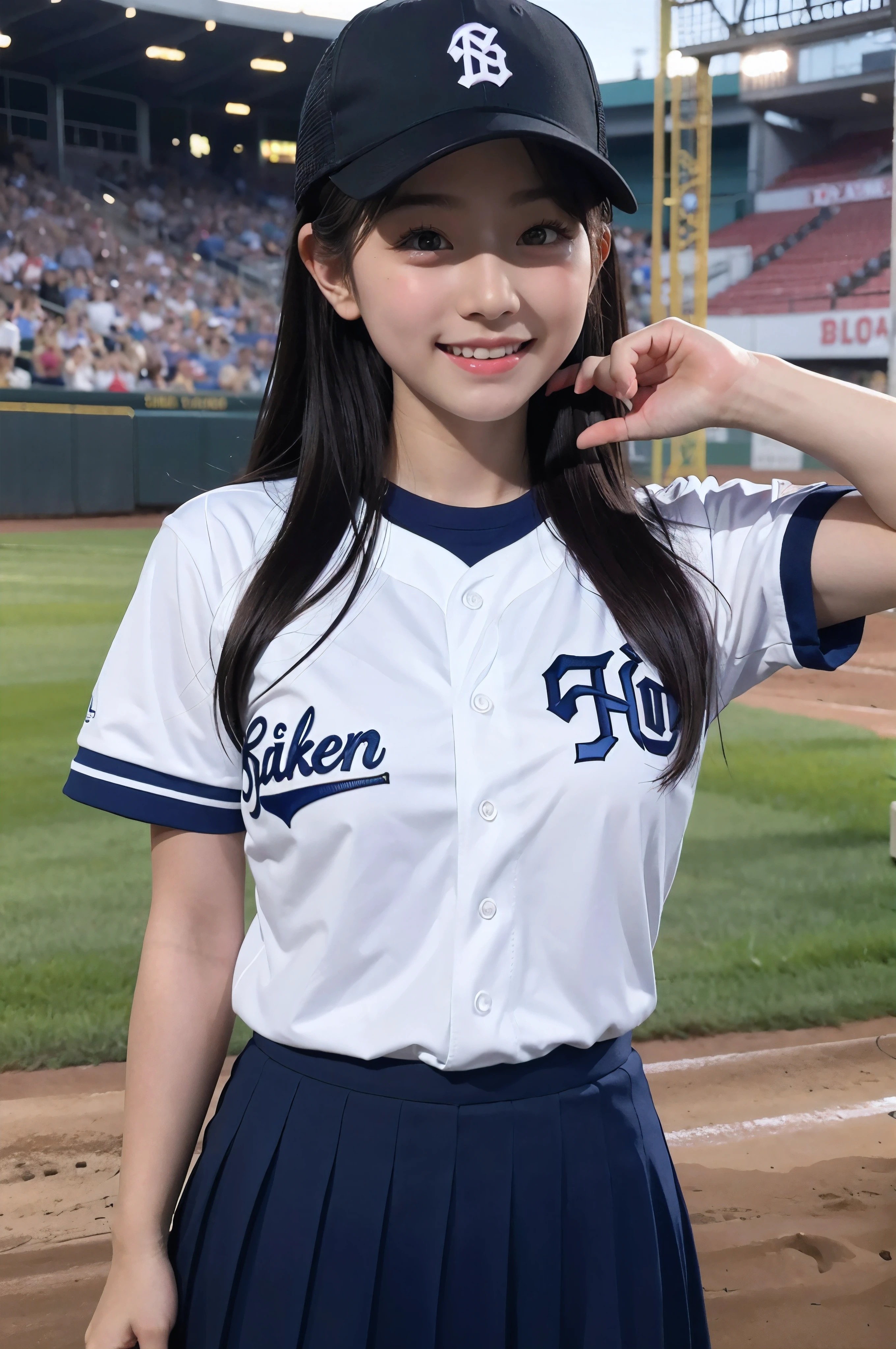 Innocent teenage girl、Small breasts、((baseball girl、uniform、Baseball cap、Baseball bat))、smile、Perfect white teeth、Black Hair、RAW Photos, (8k、highest quality、masterpiece:1.2)、(Intricate details:1.4)、(Realistic:1.4)、Soft studio light、Crisp details、Realistic skin texture、Young Face、classmate、Round face、Baby Face、Beautiful eyes in every detail、Brown eyes、16k、8k、(Detailed Background、baseball Ground:1.2)、Glowing Skin、No makeup、whole body、