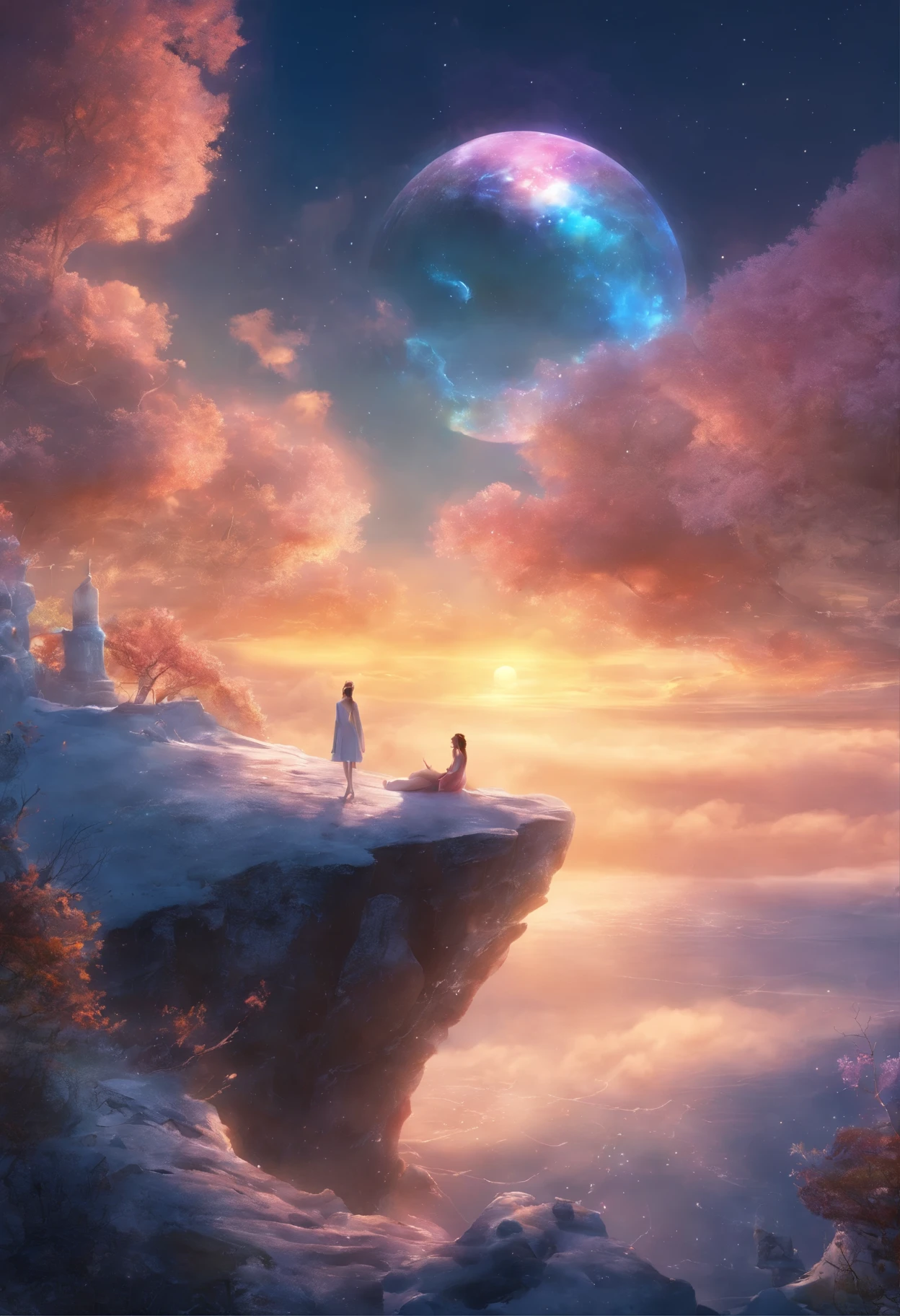 This is a surreal and elaborate CG rendering. night, Sky bright blue, Covering coastal glaciers, green crystal heart stone, Path of Light, feather, moon, performer, art, High resolution, Starry Sky, many small colorful light particles, It's the Milky Way, Arctic Circle, Illuminating the Tundra and Edge, Fantasy, Attention to detail, beautiful, 8k yen, Seeds Light Shadow, Ultra-wide intricate details, Panoramic camera, 8k yen. High resolution. Volumetric Light --ar 9:16
