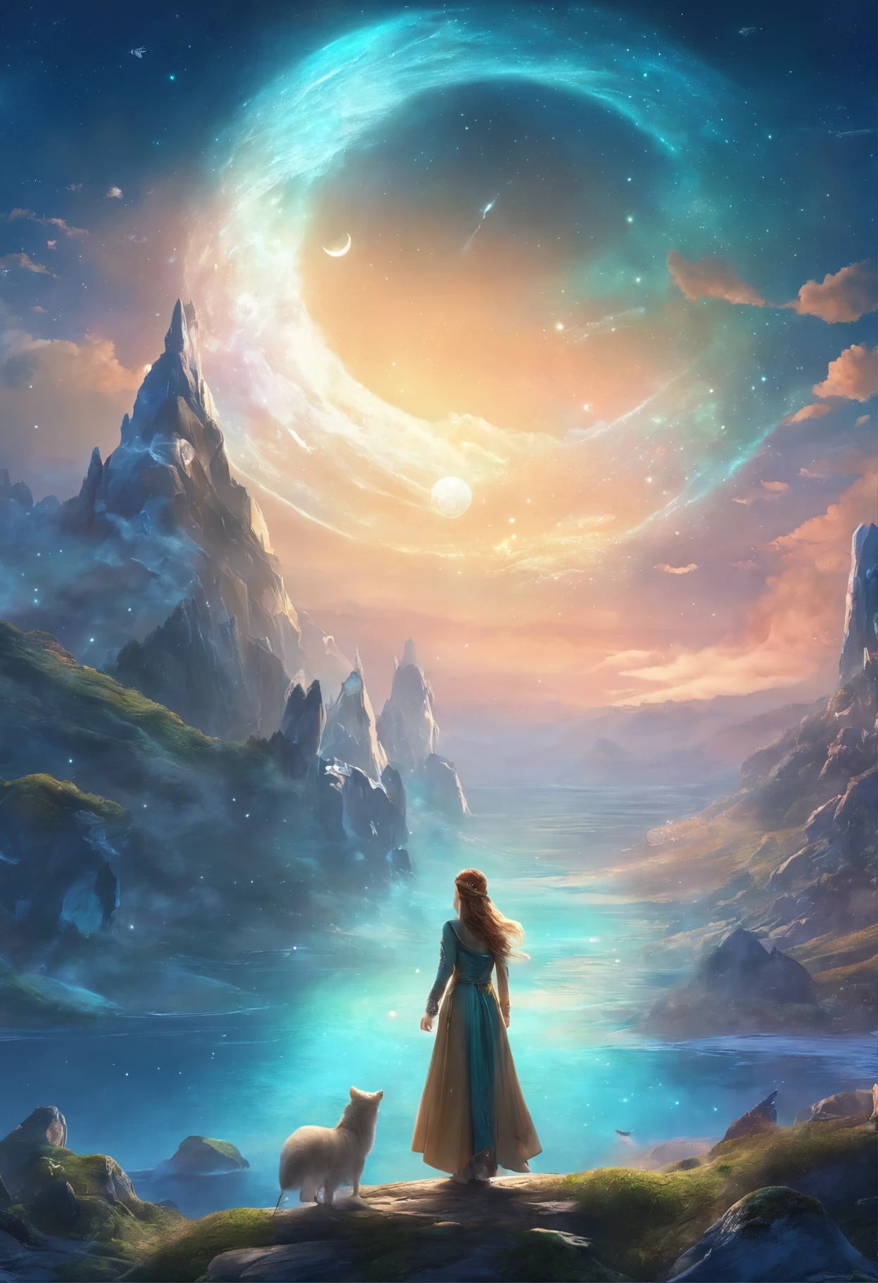 This is a surreal and elaborate CG rendering. night, Sky bright blue, Covering coastal glaciers, green crystal heart stone, Path of Light, feather, moon, performer, art, High resolution, Starry Sky, many small colorful light particles, It's the Milky Way, Arctic Circle, Illuminating the Tundra and Edge, Fantasy, Attention to detail, beautiful, 8k yen, Seeds Light Shadow, Ultra-wide intricate details, Panoramic camera, 8k yen. High resolution. Volumetric Light --ar 9:16