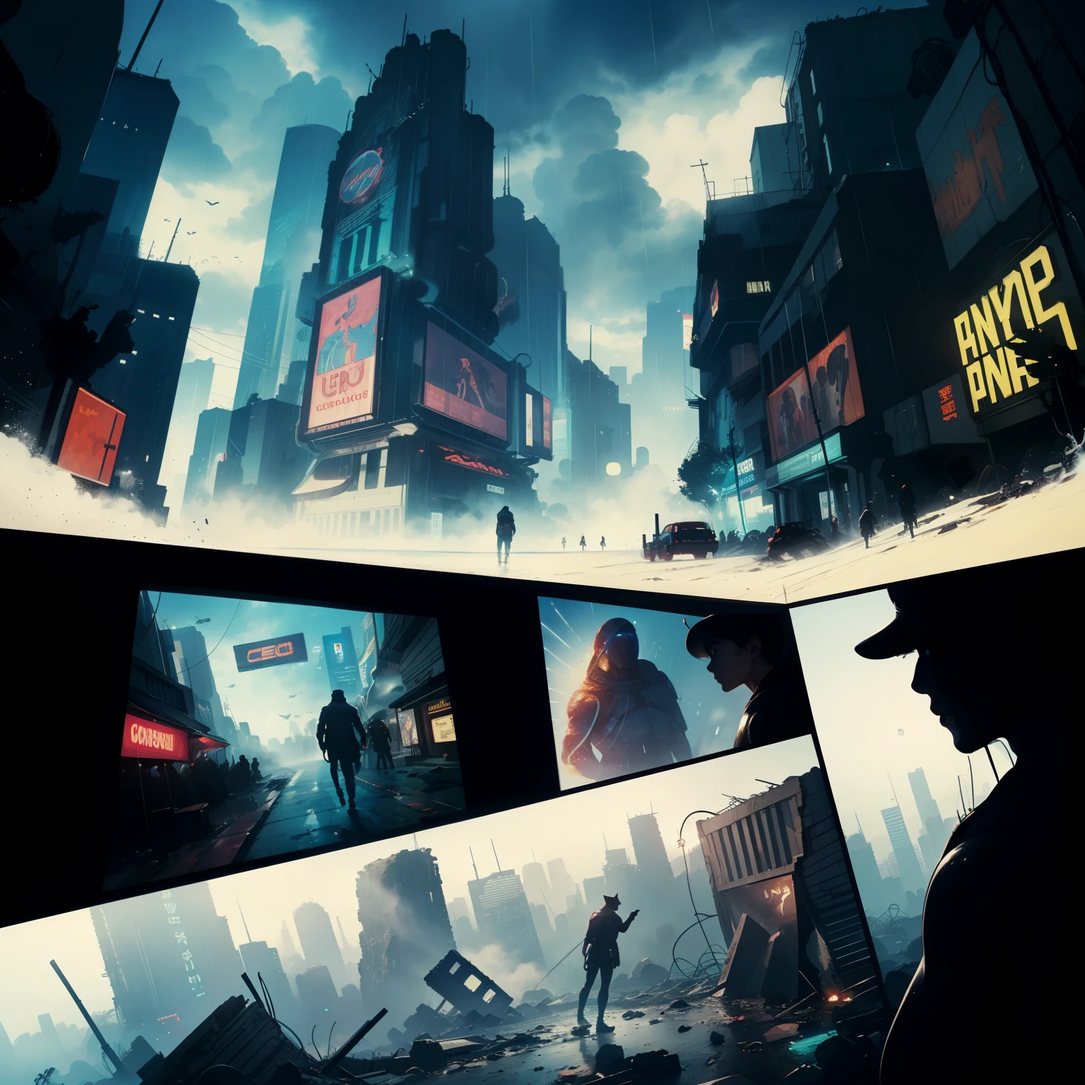 ((highest quality)), ((masterpiece)), (be familiar with), (High definition), (Accurate), (Realistic), (Cinematic), (Best Shadow), (Low contrast), (8K), Perfect Face, ((SYD MEAD style)), manga、mangaデザイン、Storyboard、Panel layout、(Sleeping Woman:1.1), (Replicant), (Replicant), ((Black Hair, very short hair, Blue Eyes)), (Black hooded raincoat), (Crouched in a corner of the ruins)、Glittering neon signs、congestion, congestion, Decadent Future City, NEO TOKYO, A.D.2051, (steam:1.2), It's raining white, evening, 