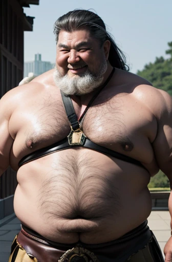  A shirtless Korean imperial warrior full body obese bodybuilder with a very oiled body a sweaty smiling old man with a shaved head and extremely muscular and extremely fat over 70 years old weighing over 600 pounds very muscular very hairy large pecs with nipples dark gynecomastia in the courtyard of a Korean imperial palace wearing a small leather skirt and a leather harness on the torso 