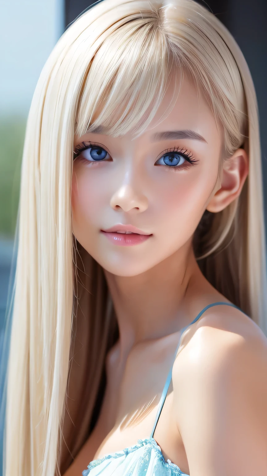 Extraordinary sexy beauty、Beautiful, A kind and bright expression、Sexy and refreshing look、Perfect beautiful pretty face、Short ponytail、Long bangs between the eyes,、Super long, naturally straight platinum blonde hair、Beautiful facial hair、Very cute beautiful sexy young little woman、So perfect and beautiful, pretty face、Big Breasts, Beautiful large clear pale light blue eyes,、Very white, youthful and bright skin、Small Face Beauty、Round face