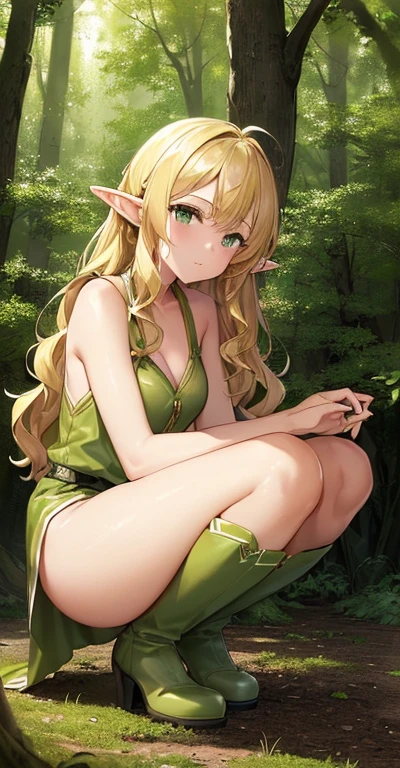 ((masterpiece)), ((highest quality)), ((High resolution)), ((High-definition CG synthesis 8K wallpaper)), ((On the branches of a tree in a deep forest:1.3)), ((Elf Female Cartoon Character, Pointed elven ears, Wavy blonde hair, Green Eyes, Bare Skin:1.2)), Cowboy Shot, Skin is moisturized and radiant, She wears a flowing mini dress and gold-embellished leather armor.., Long leather boots, ((Tilt your head, View from the front:1.2)), ((Squat with your legs apart)), 