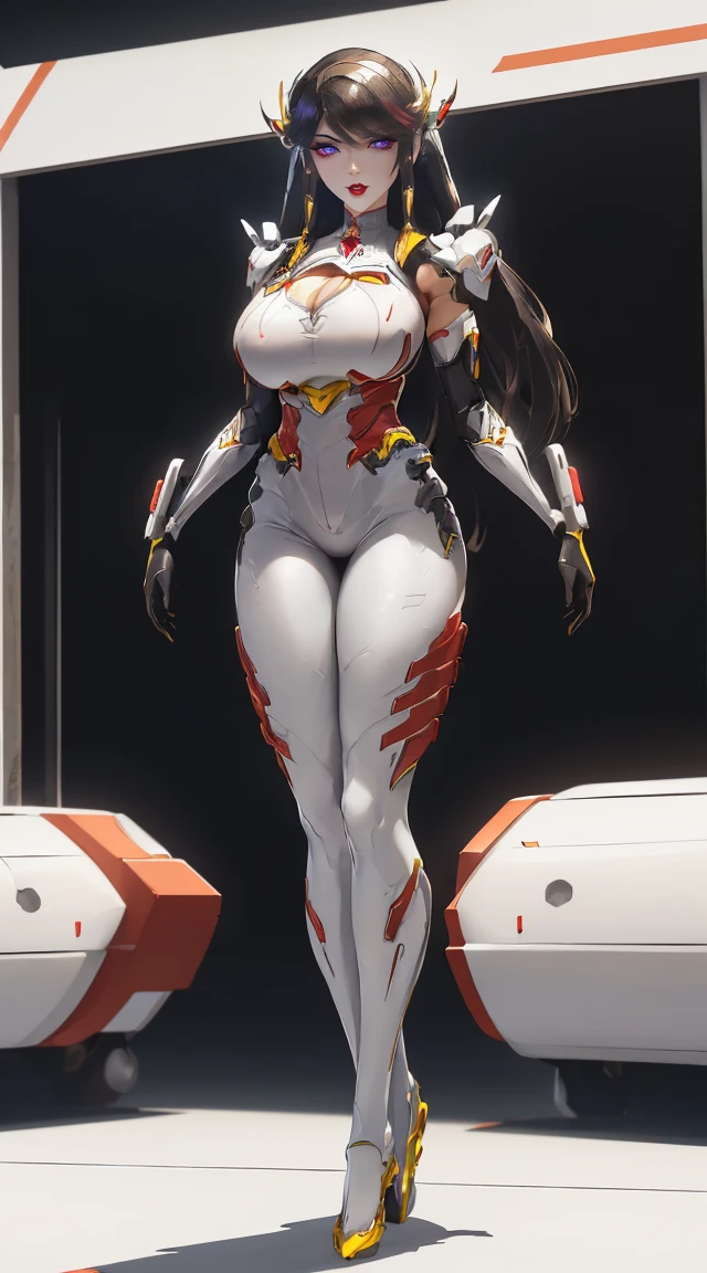 (1 Girl,Solitary:1.5), (Super detailed face), ((Mecha Phoenix Head:1)), (,Large Breasts:1.5), (Cleavage:1.3), (Muscle Abs:1.2), (Mechanical arm guards:1.4), ((Wear the white and red mecha Overwatch armor set, Black Mecha Skinny Suit Pants, Mechanical arm guardsOR LEGS, High heel:1.5)), (Busty muscular female body), (glowing skin:0.8), (Long legs, whole body:1.1), (Looking at the audience:1.3), (Female focus:0.886), (Walking the corridors of the future space station:1), (bright white room:1.3), Super texture, Unreal Engine Rendering, Physically Based Rendering, Ultra HD, 16K, 1080p.