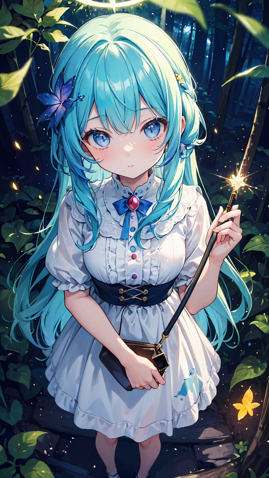 (masterpiece, best quality), (colorful:1.4), from above, solo, 1girl standing in a moonlit forest clearing, surrounded by fireflies and enchanted flora, with a bag of sparkling fairy dust and a magic wand, depth of field, fisheye lens