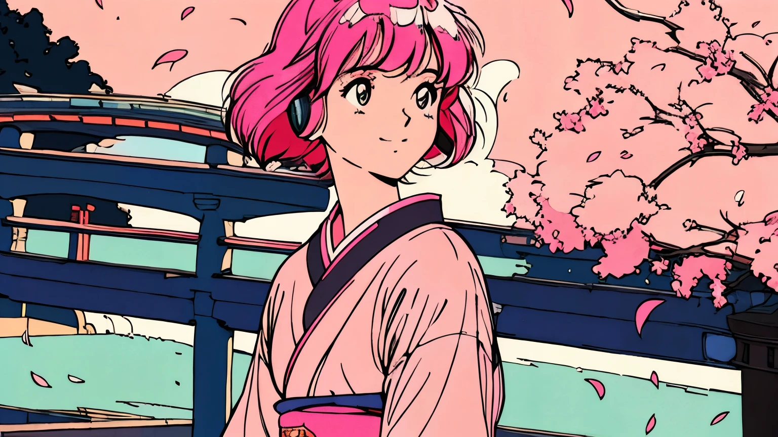 master piece, City Pop style, Pink Hair, fluffy bob cut, wearing headphones, shoulder length, alone, Futuristic, yet, lofi, retro, vintage, Ghost, light smile, cherry blossoms, ((kimono)), torii, Kyoto, looking away