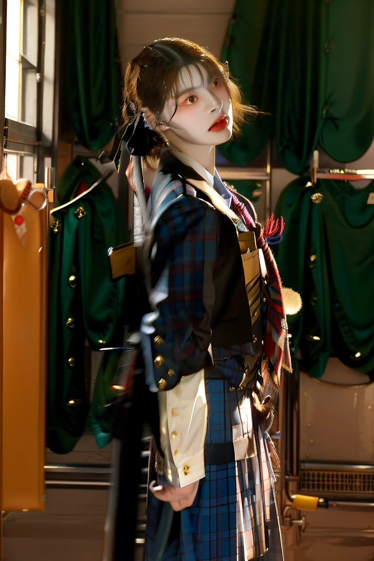 (realistic), (hyperrealism),best quality, masterpiece,ultra high res, (photorealistic:1.4),1girl,(looking at viewer:2), school hall, dynamic pose,
flared pleated skirt, collared shirt, neck tie,
cowboy shot,