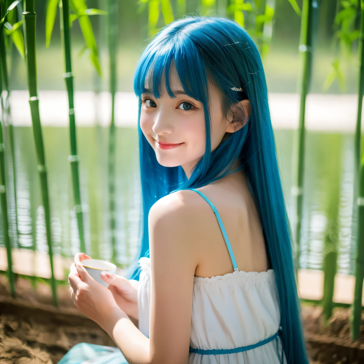 masterpiece, Highest quality, Official Art, 8k wallpaper, Very detailed, figure, 1 Girl, Sky blue hair, Long Hair, Fine grain, Forrest Gump, Bare shoulders, Hanfu, lake, Pure, A kind smile, bamboo, tea