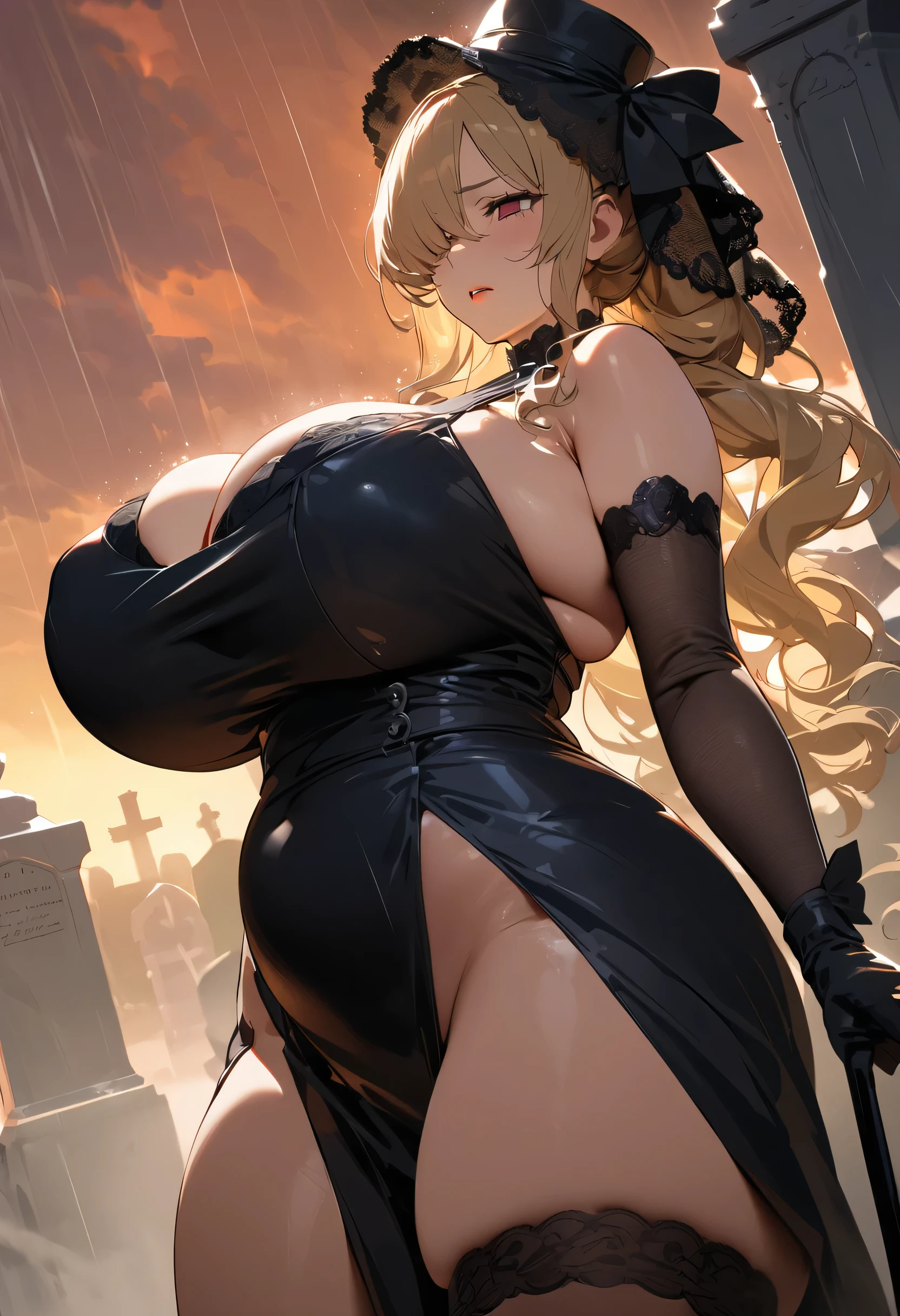 NSFW,Top-quality,Ultra high definition 8K illustration wallpaper,Super high resolution,Masterpiece,Highres,8k,UHD,Hyper detail,Detailed lighting,Shaders,Highly detailed 2D illustration,An extremely delicate and beautiful,Cinematic angle,Cinematic light,Dynamic angle,Dramatic light,Extreme detailed,Highest detailed,Noise clear,Cowboy shot,Anime face,Cemetery,Rain,Sunset,Gigantic breast,Widow,Mourning dress,Funeral dress,Milf,Milfication,Mature female,Married Woman,Medium long hair,Very wavy hair,Blonde hair,Tied hair,Hiding one eye,Hair over eyes,Hair over one eye,Black big veil hat,Long glove,Black gown,Stocking,White underwear,Black eyelids,Black eyeshadow,Dead eyes,Mourning face,Red lips,Gold eyes,Crying eyes expression,Desperate expression,Gloomy face,Voluptuous,Plump,Chubby,Thick thighs,Big ass,Beautiful ass,Fullbody