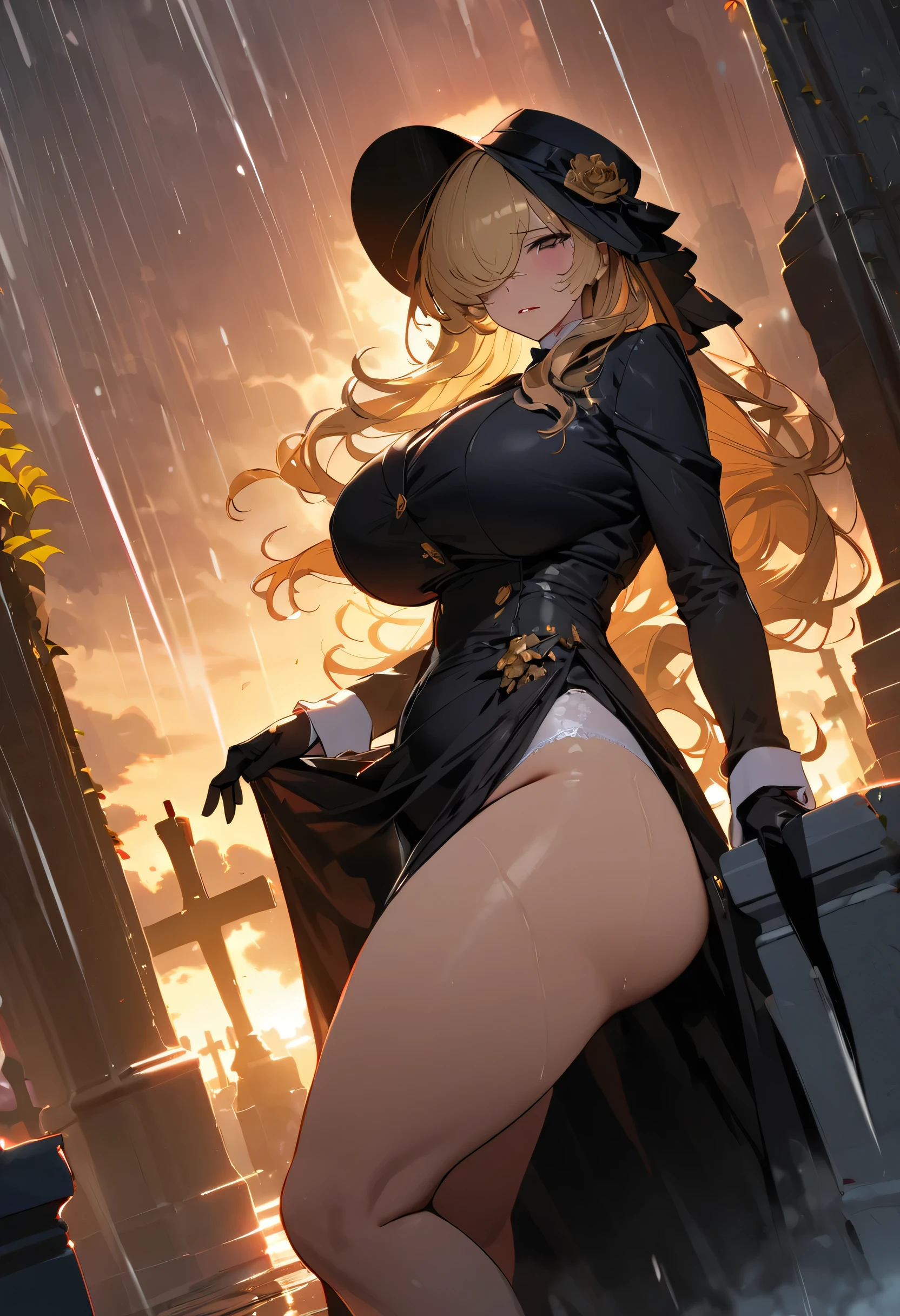 NSFW,Top-quality,Ultra high definition 8K illustration wallpaper,Super high resolution,Masterpiece,Highres,8k,UHD,Hyper detail,Detailed lighting,Shaders,Highly detailed 2D illustration,An extremely delicate and beautiful,Cinematic angle,Cinematic light,Dynamic angle,Dramatic light,Extreme detailed,Highest detailed,Noise clear,Cowboy shot,Anime face,Cemetery,Rain,Sunset,Gigantic breast,Widow,Mourning dress,Funeral dress,Milf,Milfication,Mature female,Married Woman,Medium long hair,Very wavy hair,Blonde hair,Tied hair,Hiding one eye,Hair over eyes,Hair over one eye,Black big veil hat,Long glove,Black gown,Stocking,White underwear,Black eyelids,Black eyeshadow,Dead eyes,Mourning face,Red lips,Gold eyes,Crying eyes expression,Desperate expression,Gloomy face,Voluptuous,Plump,Chubby,Thick thighs,Big ass,Beautiful ass,Fullbody