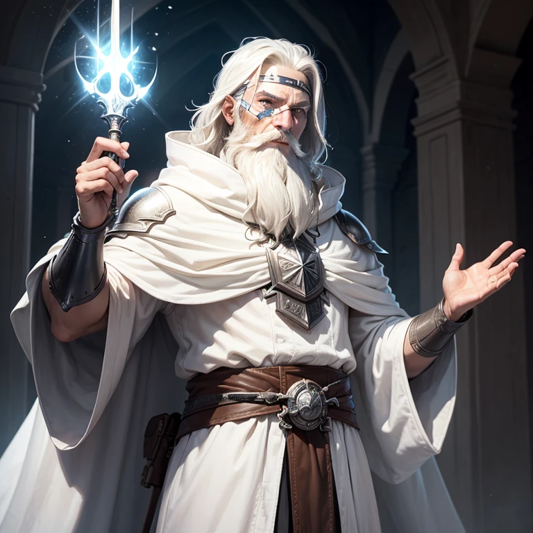 Man in a white robe, wearing leather armor, right eye black, beard, hands raised(whitish glow), wizard