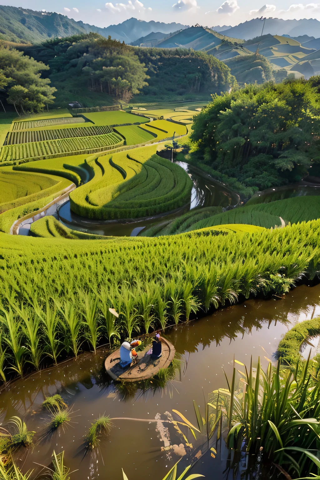 Micro World,Two farmers work in a rice field in southern China.,Close-up,Green grass and water as background,spring,Tilt-Shift Photography Style,Macro viewing angle,Ultra wide-angle lens,miniature landscape,Natural light,Bright colors,Soft tones,Chinese rural life scene。The scene was shot with a tilt-shift technique.,Macro viewing angle and Ultra wide-angle lens depicts two farmers working in a rice field in southern China,Create Bright colors、Soft tones、Miniature landscape effect of natural light lines in spring