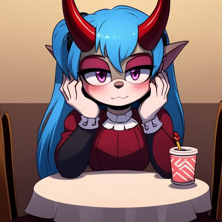 Oni mobian, blue hair, long hair, toned, gothic Lolita, magenta eyes, red horns, pointed ears, blushing, hand on cheek, table