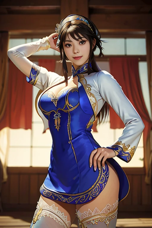 (masterpiece, best quality:1.2), Cowboy shooting, Solitary, 1 Girl, High heel, (Large Breasts:1.1), Cleavage，cleveage,，xianghua, Shut up, Looking at the audience, Hands on Hips, Headbands,  XiaRobe Dress, , Pantyhose,  (Extremely detailed, Beautiful and delicate face, masterpiece,Beautiful and delicate face eyes, best quality), silk, satin, shining, Sexy pose, Smile,