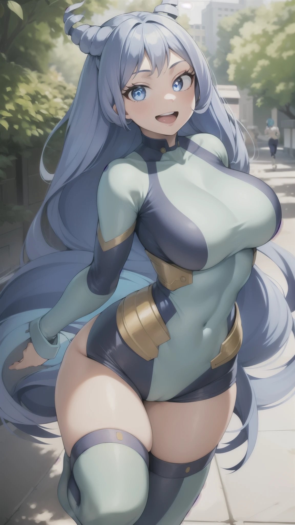 (best quality:1.2), 1girl, (masterpiece:1.2), raytracing, cute face, perfect face, ultra detailed,detailed face, 8k wallpaper,(wide hips:1.2), absurd res,  HadouNejire_NDV, 1girl, blue eyes, blue hair, large breasts, long hair, hair horns, twin drills, drill hair,  outdoor, smile, open mouth, bodysuiit, running