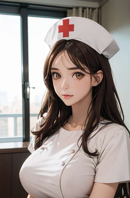 Nurse , in hospital , detailed hand , high quality, super quality, detailed face, beautiful woman , golden eyes, long hair , huge breast , gorgeous dress, wearing white nurse costume , nurse cap, sharpe eyebrow , (brown hair:1.4)