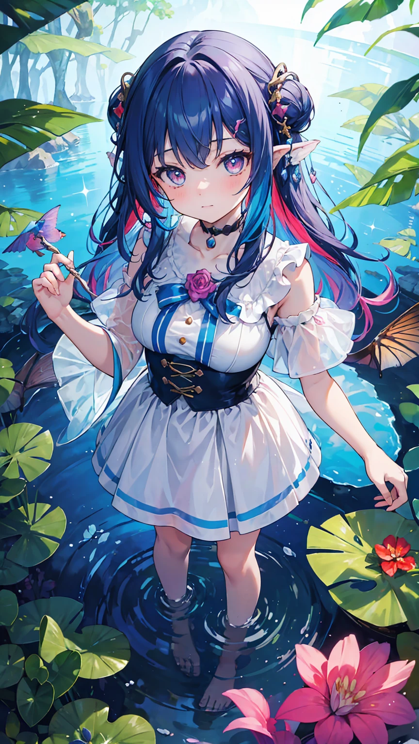 (masterpiece, best quality), (colorful:1.4), from above, solo, 1girl standing at the edge of an enchanted lake, with water nymphs playing in the shimmering waters and a bag of magical potions, depth of field, fisheye lens