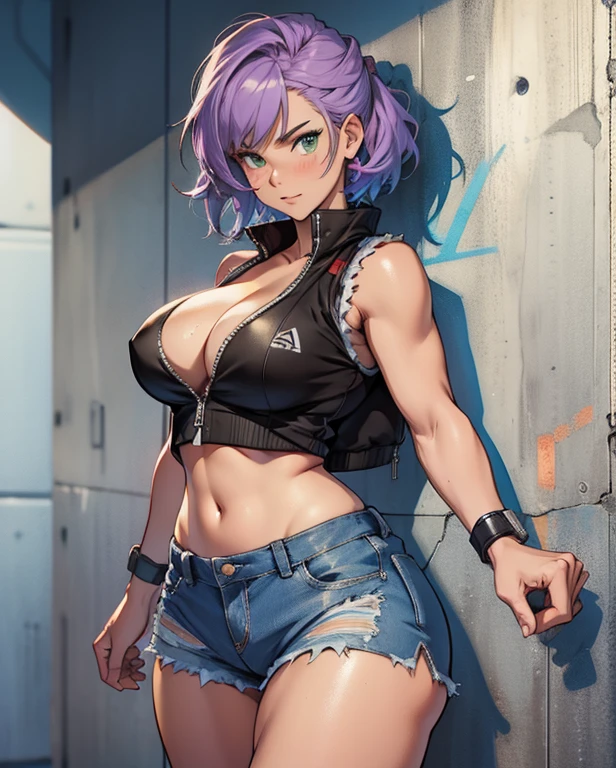 /painting [retro anime art style:1.5], Old anime, 1980s \(style\), 1990s \(style\), watercolor \(Moderate\), 1 Girl, (Large Breasts:1.1), Cleavage，cleveage,，xianghua, , Vest, purple hair, short hair, Green Eyes, large breasts, fit, Wide hips, Solitary, 1 Girl, Denim shorts, [Perfect hands:1.8], ((sports shoes)), (hyperdetailed:1.5), [detailed], ((best quality)), ((masterpiece)), (Soft Light, sharp:0.3), {illustration}, (illustration, Ultra HD, Unreal Engine, sharp focus,), Operation quality, best quality, official art, ultra detailed texture, ultra detailed hands, (Curvy beauty), {漫painting封面 style}, Cute face, (漫painting封面:0.3), (whole body:0.5), (concept art:0.8)