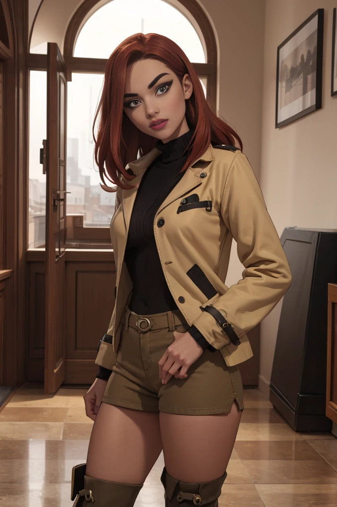 1Girl 18 years old, nur, Lange Haare, midsize , Blick auf den Betrachter, red hair, nackte Schultern, braune Augen, Schmuck, full entire body, Halskette, schulterfrei, pullover, lips, realistisch, Nase, Flirting with the camera, yellow boots, boots, doing wear boots