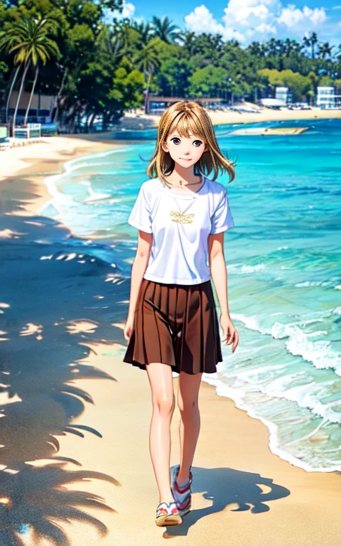 Take a walk on the beach、************、girl、solo、Taking a walk with a brown tabby cat、