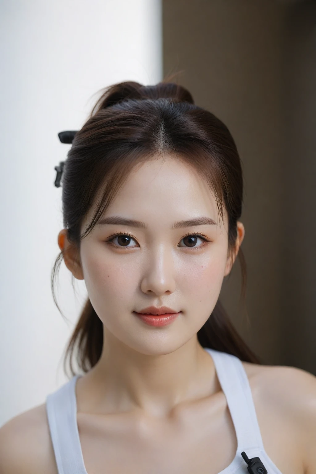 (masterpiece, top quality, best quality, (close-up photograph: 2), ((1girl)), korean, fair skin, slim face, (extremely detailed face), ((looking at viewer)), (ultra-detailed eyes and pupils), (ultra-detailed eyelashes), ((bare pectorals)), ((bare chest)), ((tube dress)), bare head, ((bare shoulders)), symmetrical frame, (((strapless))), (((smile))), ((symmetrical pose)), (symmetrical face: 1.6), 35mm, (((plain white background))), direct lighting, no watermark, ((long brown hair)), <lora:irenelorashy:1>