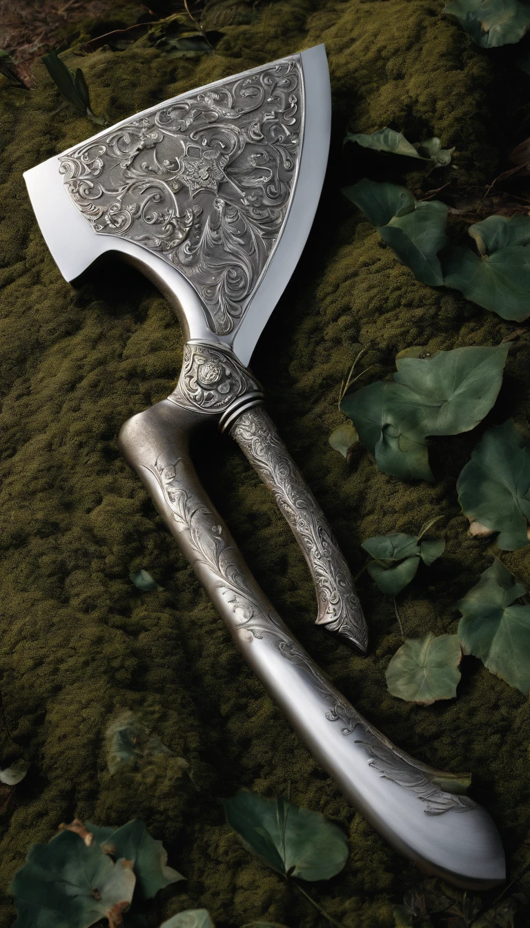 (Outstanding、Professional、Surreal)、Detailed white silver axe, Metallic magical texture, Lying on the ground, weapon. 