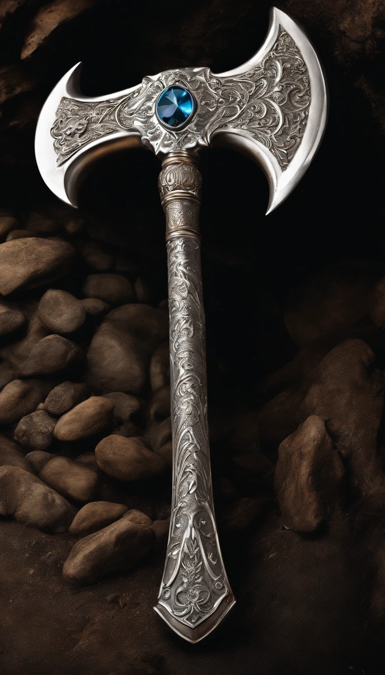 (Outstanding、Professional、Surreal)、Detailed white silver axe, Metallic magical texture, Lying on the ground, weapon.