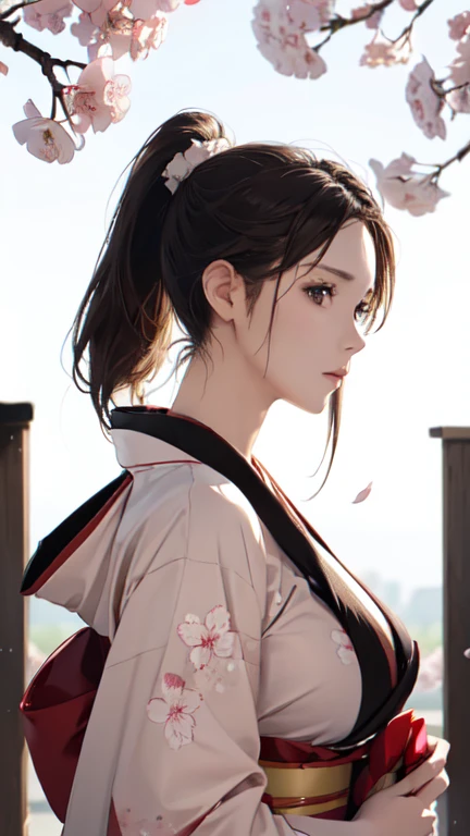 (best quality, 8k, masterpiece: 1.3), ((((((extremely giant breasts: 0.8))))), single ponytail, (beautiful face:1.3), Cherry blossoms are in full bloom, full of cherry blossoms, Floating cherry petals, Gorgeous, authentic kimono , full body , straight down hair 