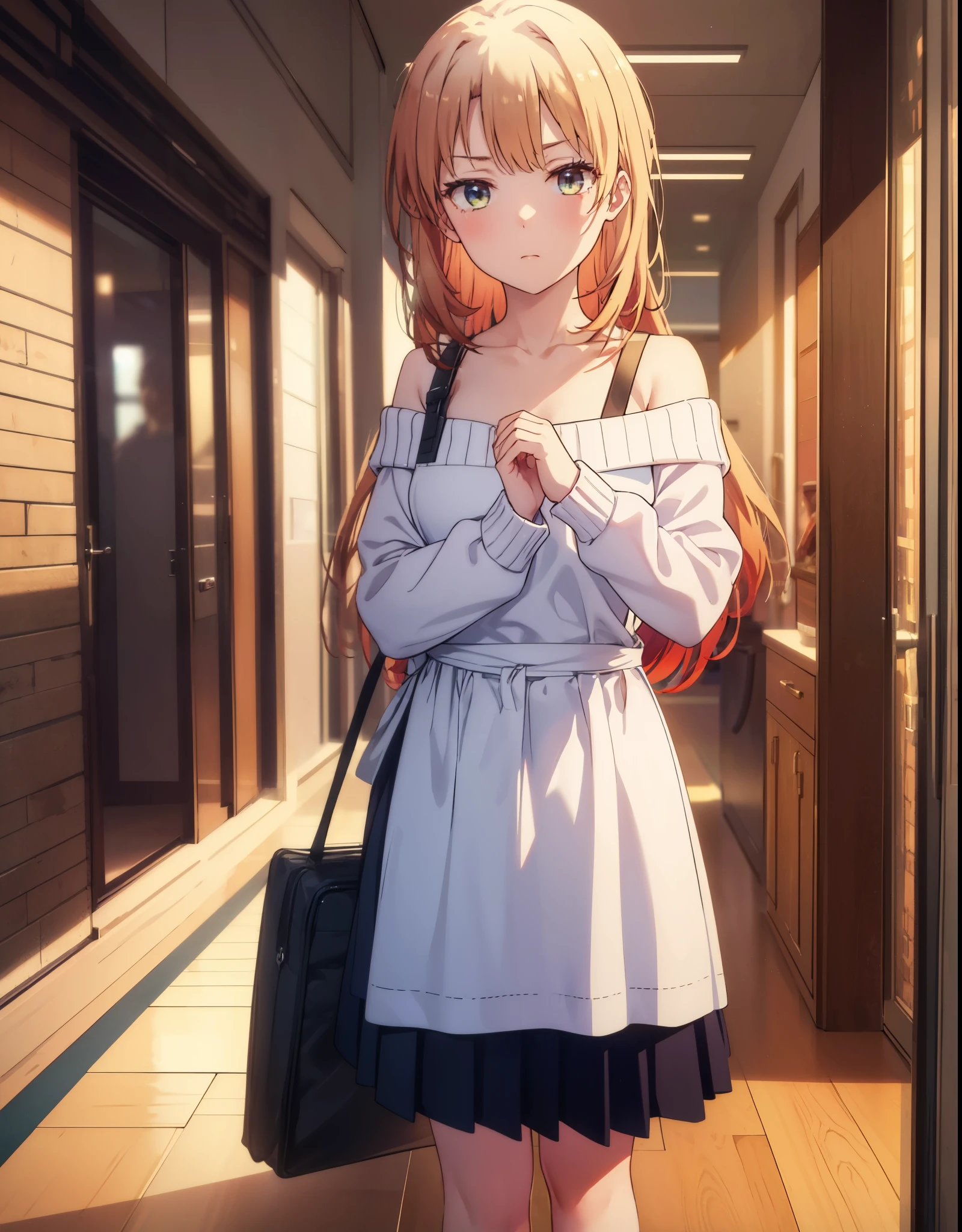 irohaisshiki, Isshiki Iroha, 1people々々'woman,Long Hair, Brown Hair, ponytail,(Brown eyes:1.5), smile,blush,night,
Off-the-shoulder sweater,Long skirt,indoor slippers,apron,Entrance,So that the whole body goes into the illustration,
break indoors,indoor Entrance,
break looking at viewer,(Cowboy Shot:1. 5)
break (masterpiece:1.2), highest quality, High resolution, unity 8k wallpaper, (shape:0.8), (Beautiful and detailed:1.6), Highly detailed face, Perfect lighting, Highly detailed CG, (Perfect hands, Perfect Anatomy),