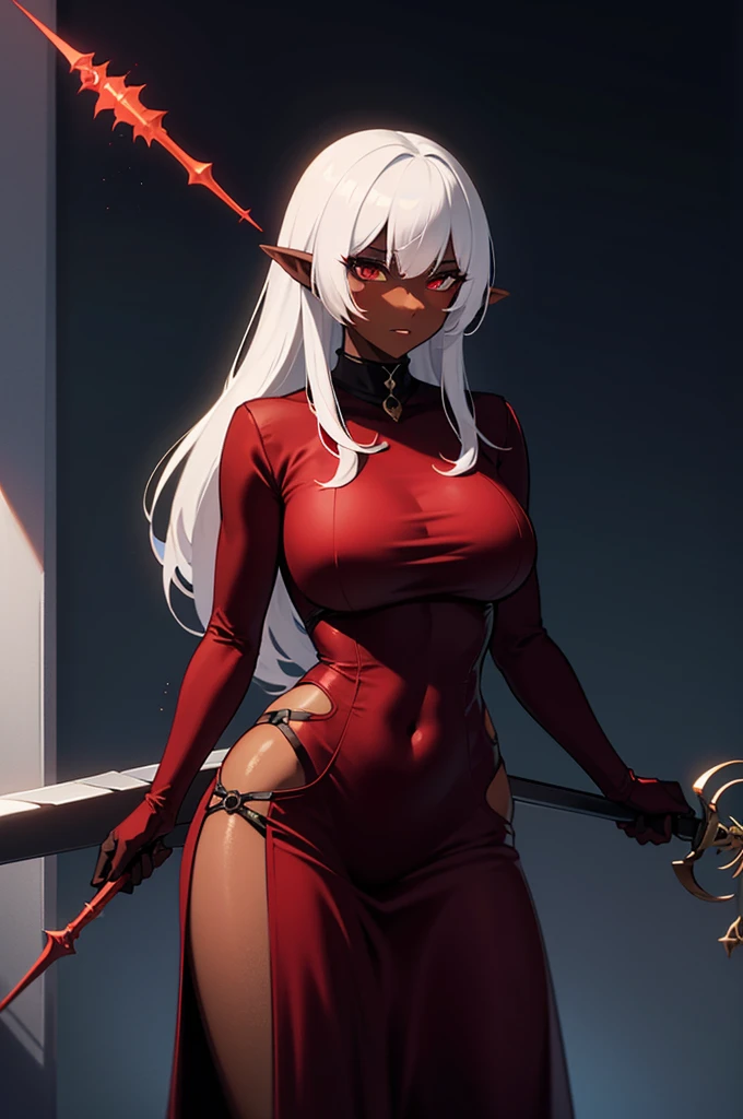 imagined a sfw dark persona curvy dominatrix dark elf queen black & red outfit holding a rapier sword, dark skin, sliver hair red eyes, spike, armor fantasy clothe