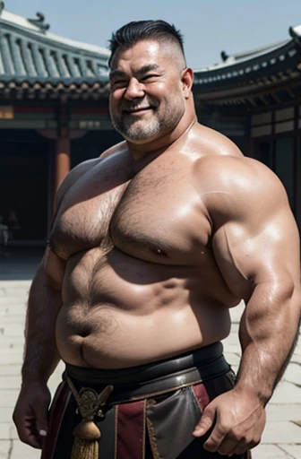 A shirtless Korean imperial warrior full body obese bodybuilder with a very oiled body a sweaty smiling old man with a shaved head and extremely muscular and extremely fat over 70 years old weighing over 600 pounds very muscular very hairy large pecs with nipples dark gynecomastia in the courtyard of a Korean imperial palace wearing a small leather skirt and a leather harness on the torso