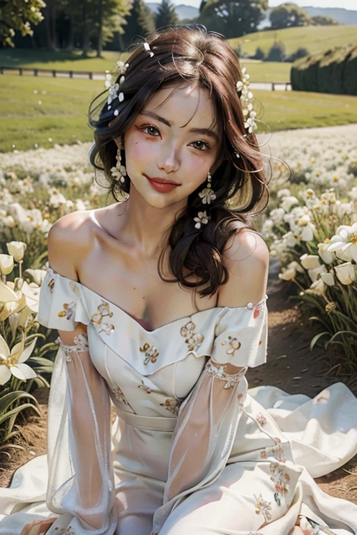 1girl, dynamic angle, cloud and mountain, (flower field:1.4) in the foreground, white dress, light tracing, (floating colorful wind:1) (photorealistic:1.4), official art, unity 8k wallpaper, ultra detailed, beautiful and aesthetic, masterpiece,best quality, glowing skin, cinematic lighting, screaming mouth, intense gaze, rule of third, big old tree in the background with a swing,