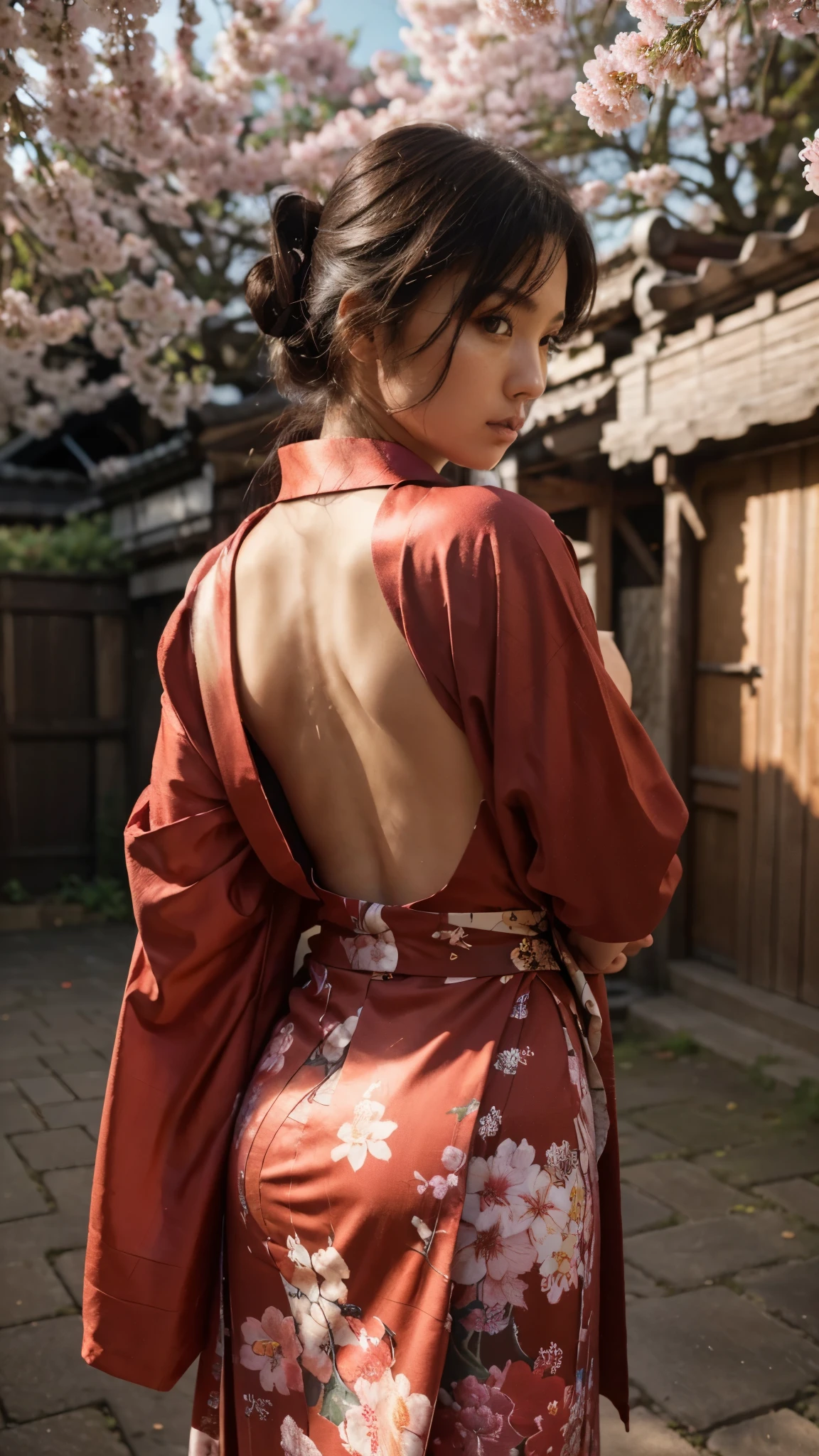 (8K, HDR, highres), ((((Photography, RAW photo, hyperrealism, masterpiece, best quality, ultra highres)))), (pin light, back light, backlighting, cinematic light), sharp focus:1. 4, (hyper detail, finely detailed), girl from behind, close-up,, japanese girl is wearing red long kimono with big flower design, wearing dicreectly. Not showing face, turning away. She is not very skinny. Red tone color. Light bright tone picture. Under giant sakura. High hair tie-up. Black hair, bright skin tone.