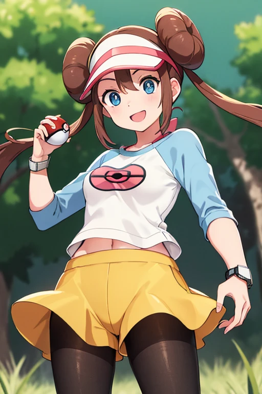 masterpiece, highest quality, High resolution, RO1, Hair Bun, blue eyes, Twin tails, Visor Cap, pantyhose, Raglan sleeves, Yellow shorts, shirt, Pink ribbon, watch, Are standing, Cowboy Shot, Field, Pokéball \(Basic\), smile