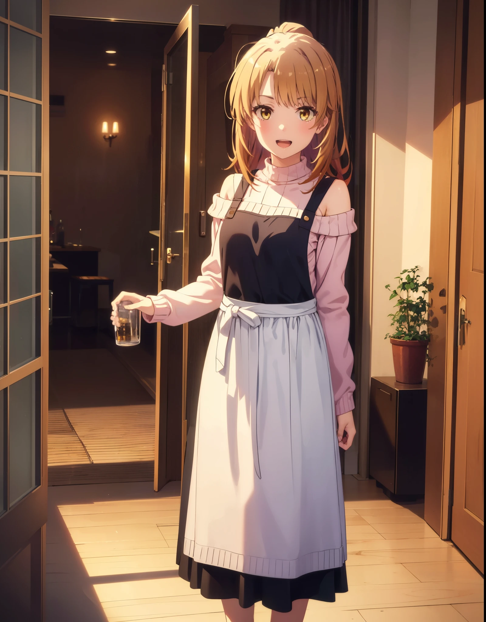 irohaisshiki, Isshiki Iroha,Long Hair, Brown Hair, ponytail,(Brown eyes:1.5), night,happy smile, smile, Open your mouth,
Off-the-shoulder sweater,Long skirt,indoor slippers,apron,Entrance,So that the whole body goes into the illustration,
break indoors,indoor　Entrance,
break looking at viewer,(Cowboy Shot:1. 5)
break (masterpiece:1.2), highest quality, High resolution, unity 8k wallpaper, (shape:0.8), (Beautiful and detailed:1.6), Highly detailed face, Perfect lighting, Highly detailed CG, (Perfect hands, Perfect ???????),