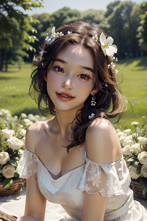 Best quality, masterpiece, ultra high res, (photorealistic:1.4), raw photo, 1girl, white dress, off shoulder, blossom flower field, glowing skin, light smile