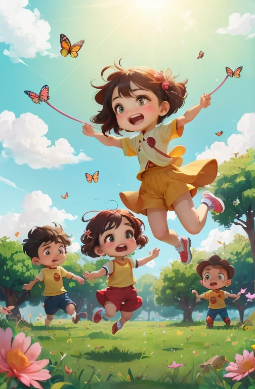 2 head body anime，children，5个孩子在grassland上快乐地玩耍，Two little boys catching butterflies with butterfly net，Three little girls jumping rope，grassland，Rios，sunny