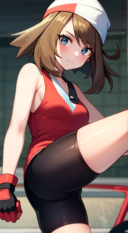 ,may \(pokemon\), bandana, shirt, skirt, bike shorts, gloves, fanny pack,1girl,bike shorts,brown hair,eyelashes,grey eyes,leg hold,looking at viewer,medium breasts,sleeveless shirt,red shirt,bike shorts under shorts,blue eyes,red hairband,white shortssolo,